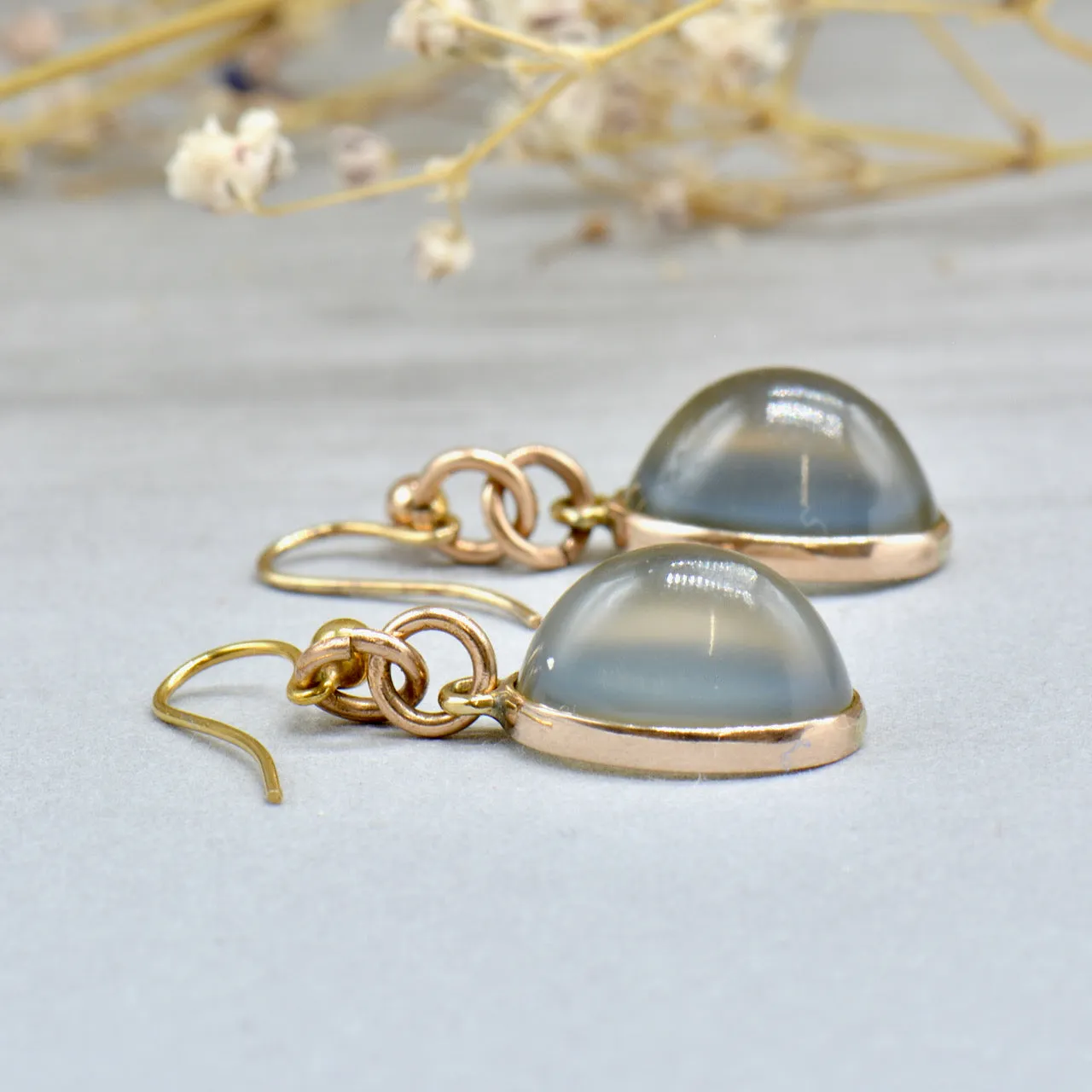 Edwardian 9ct Rose Gold Grey Moonstone Drop Earrings (11.55cts)