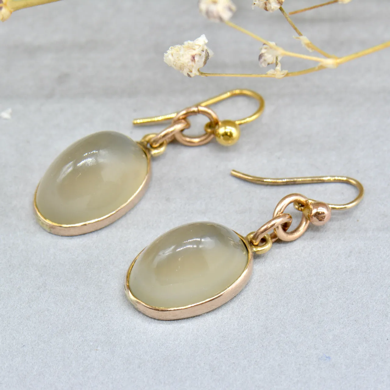 Edwardian 9ct Rose Gold Grey Moonstone Drop Earrings (11.55cts)