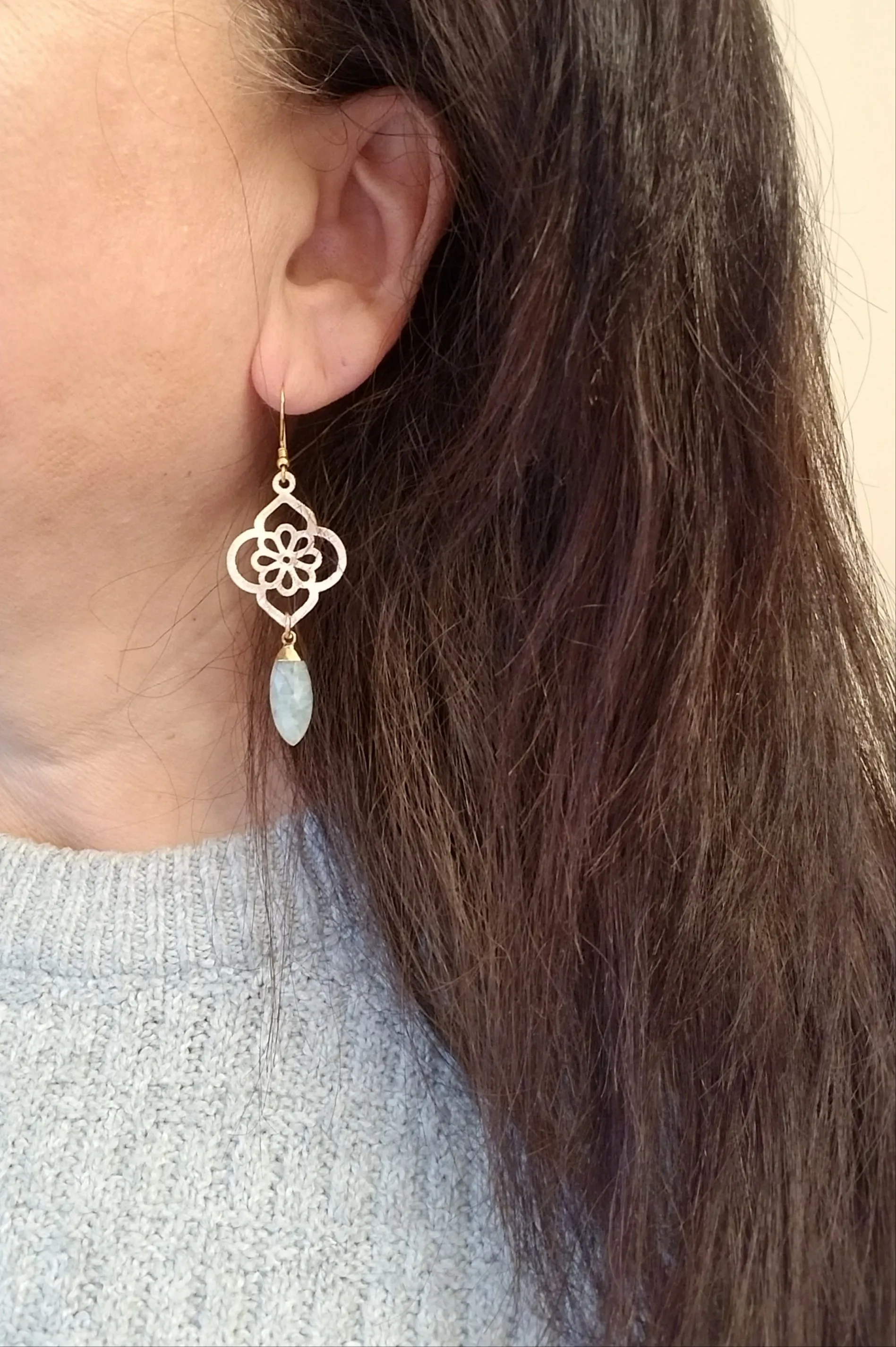 Emerald Earrings, Gold Flower Earrings with Emerald