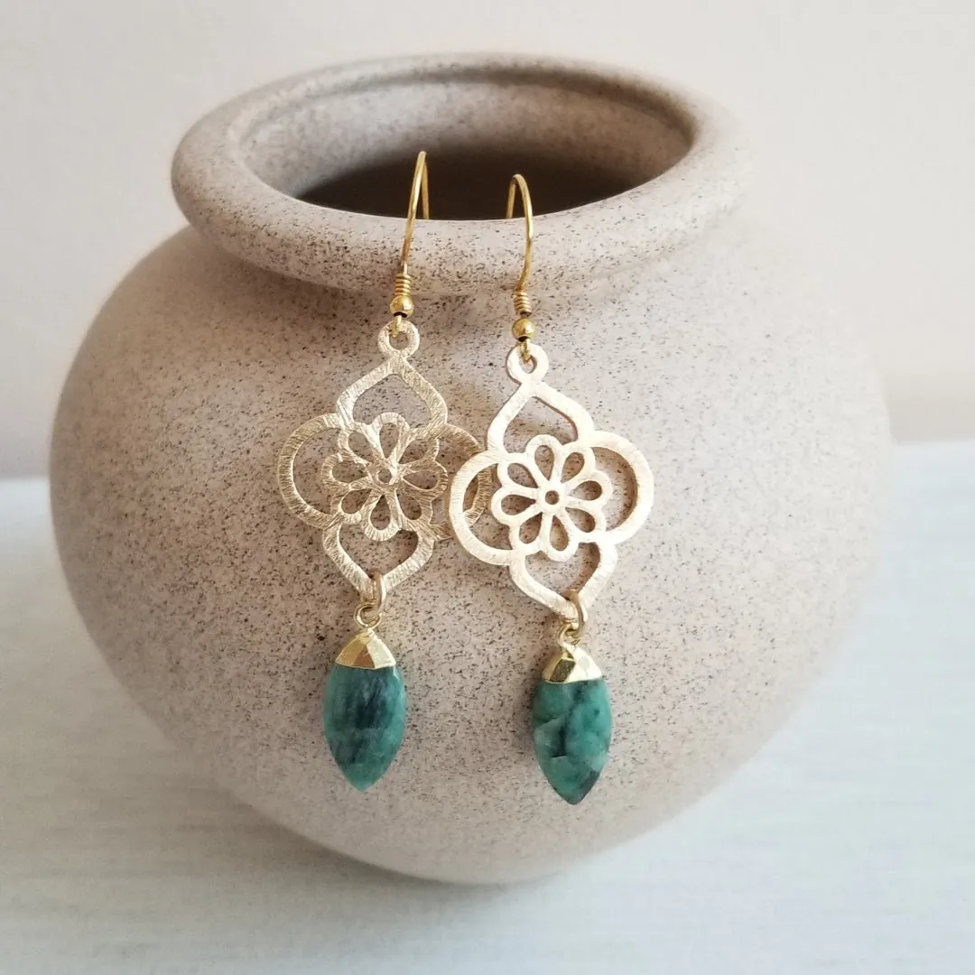 Emerald Earrings, Gold Flower Earrings with Emerald