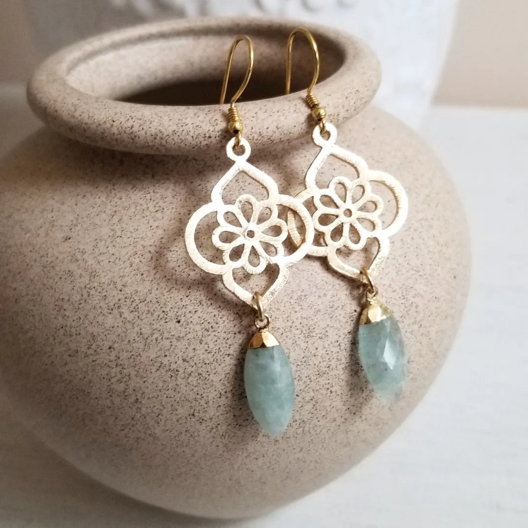 Emerald Earrings, Gold Flower Earrings with Emerald