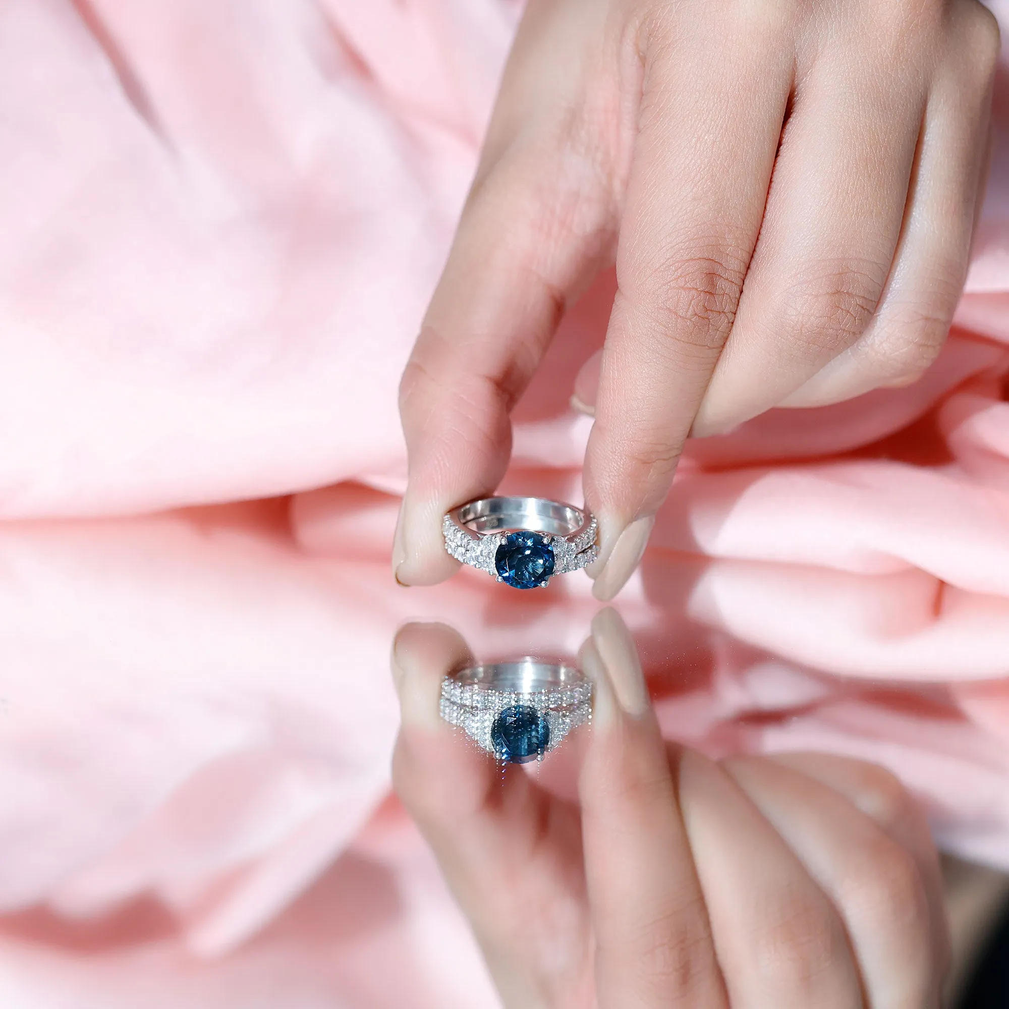 Engagement Ring Set with London Blue Topaz and Moissanite