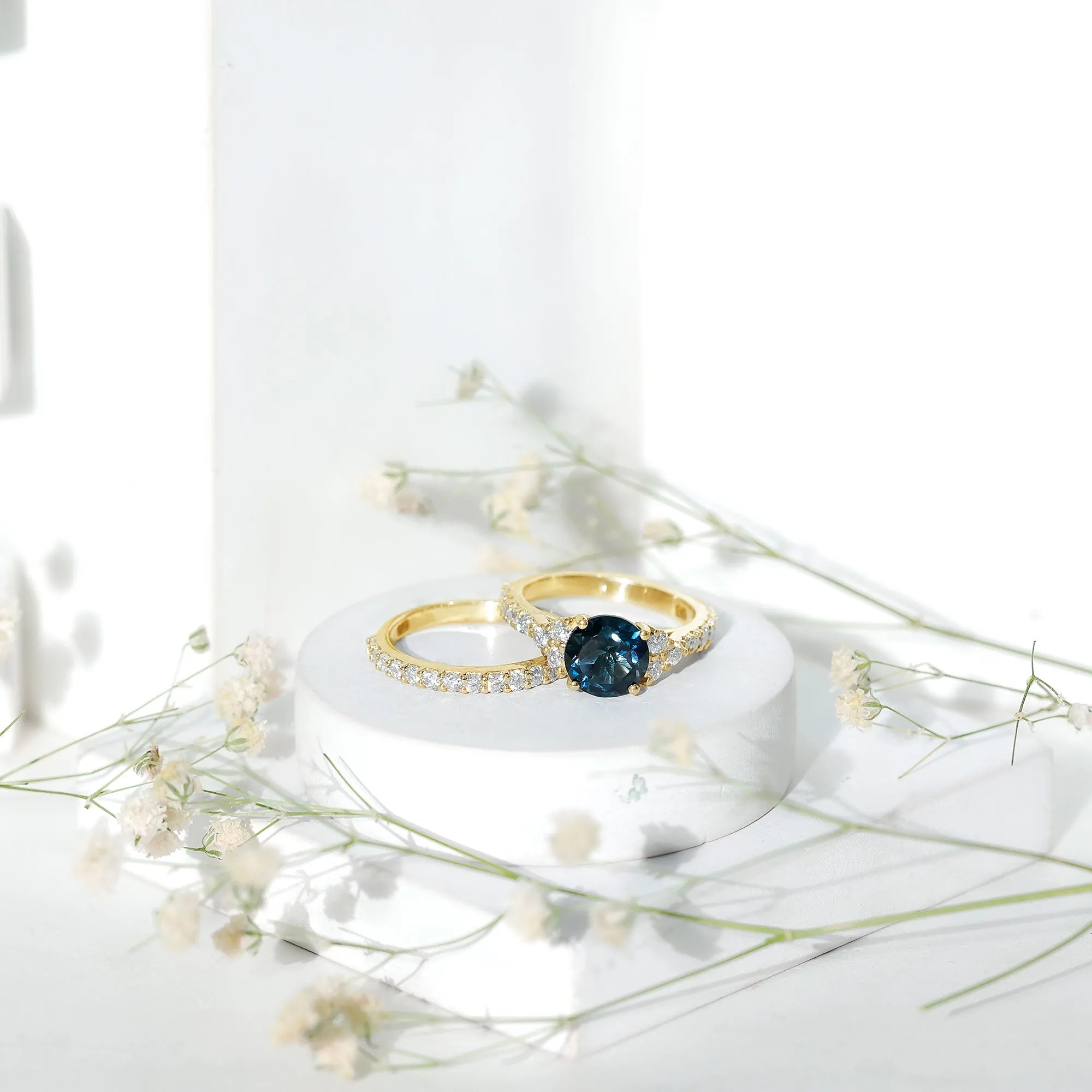 Engagement Ring Set with London Blue Topaz and Moissanite