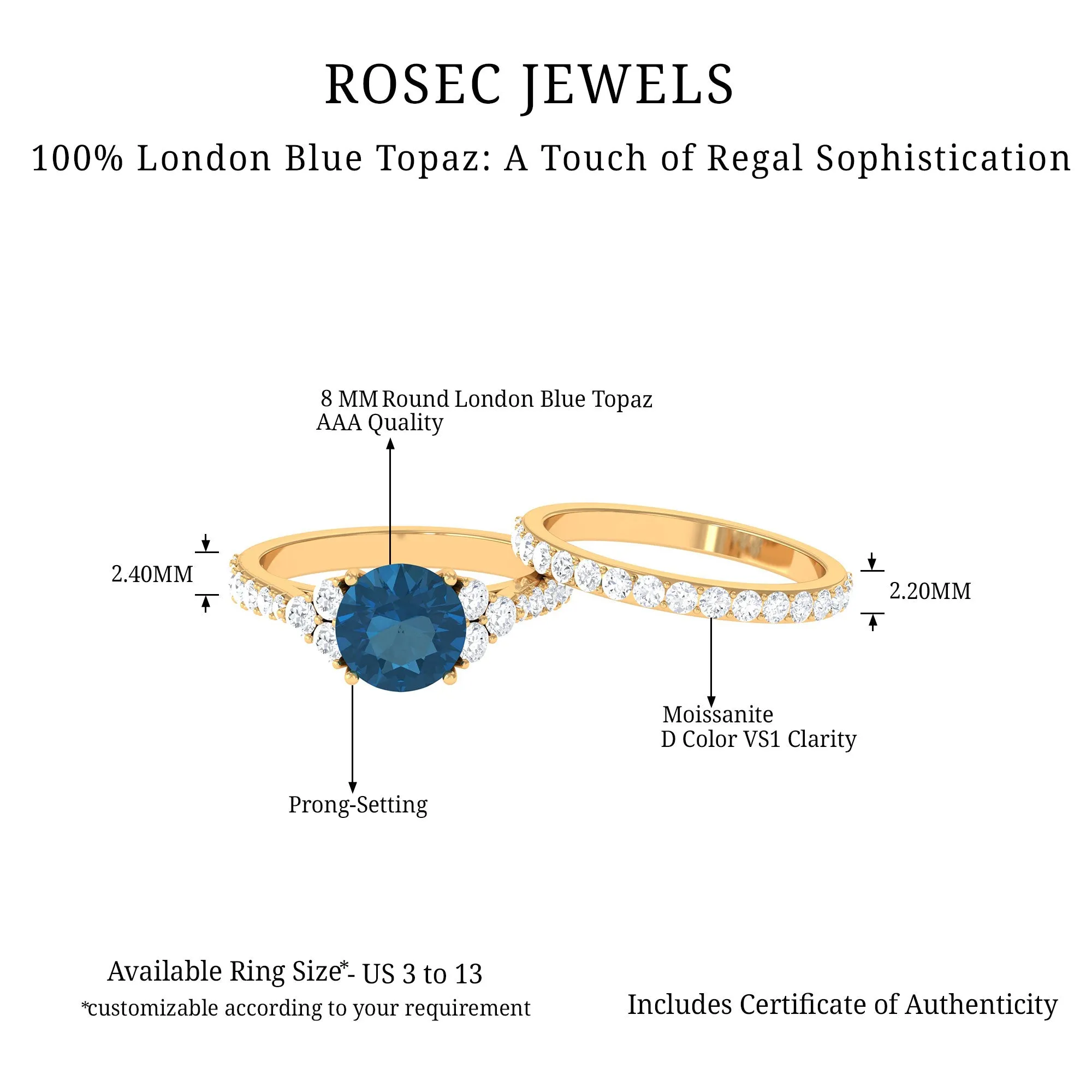 Engagement Ring Set with London Blue Topaz and Moissanite