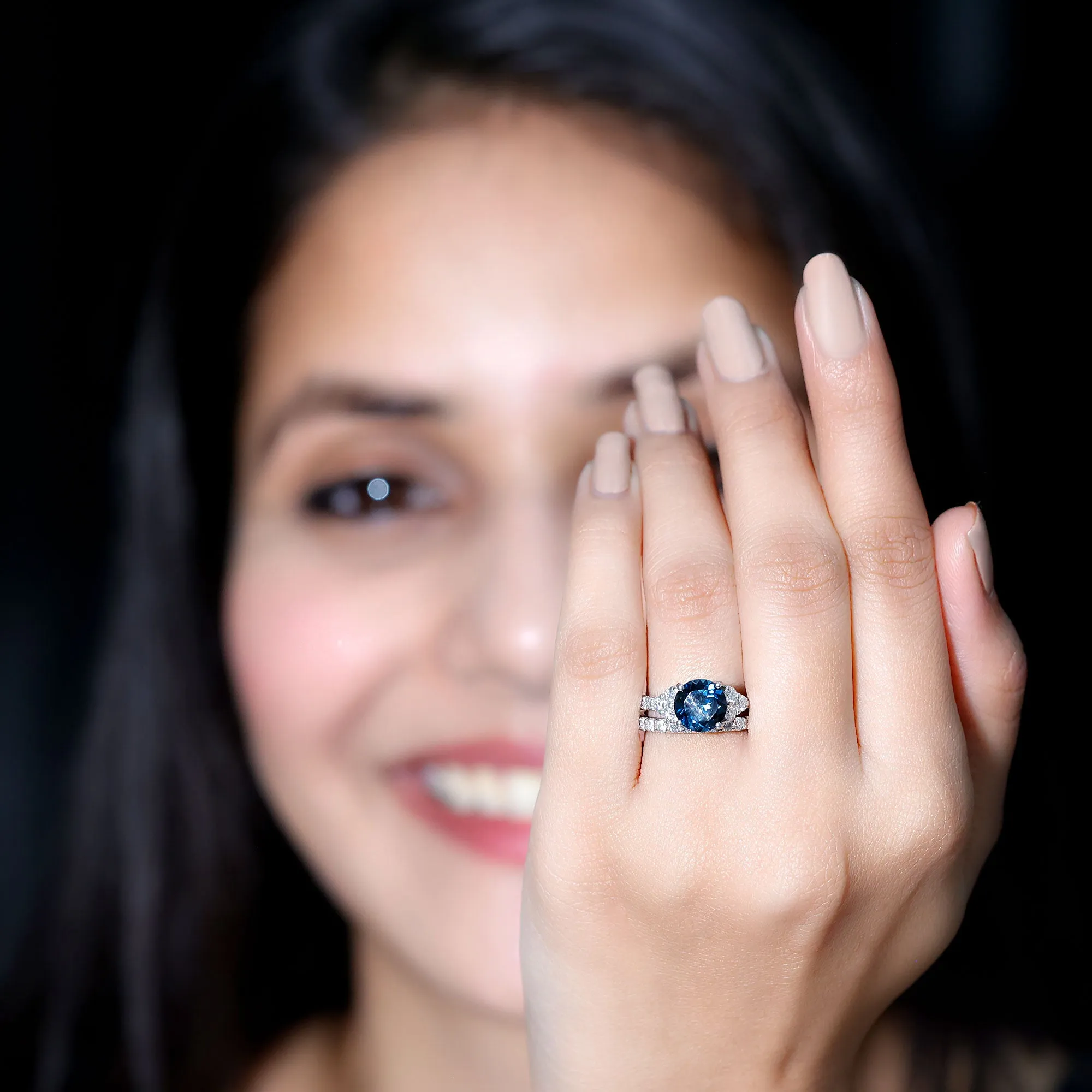 Engagement Ring Set with London Blue Topaz and Moissanite
