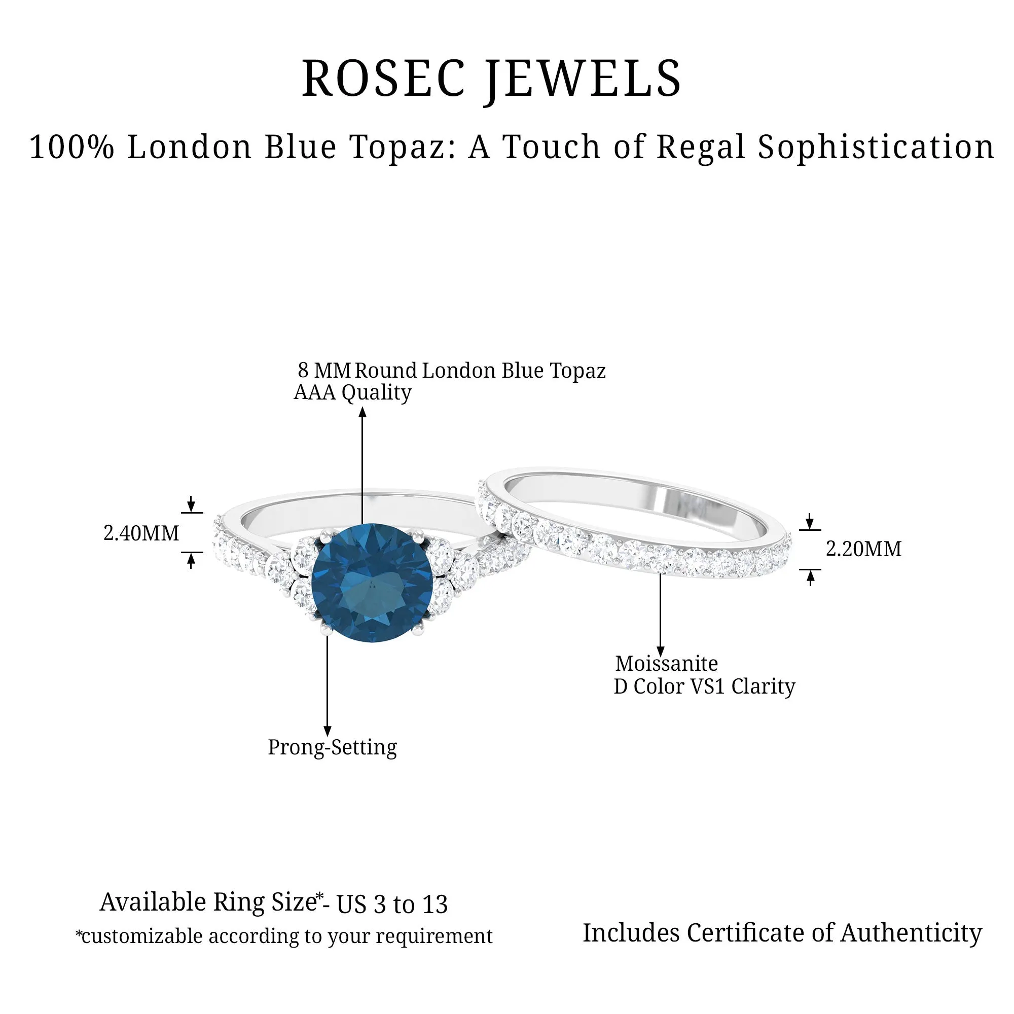 Engagement Ring Set with London Blue Topaz and Moissanite