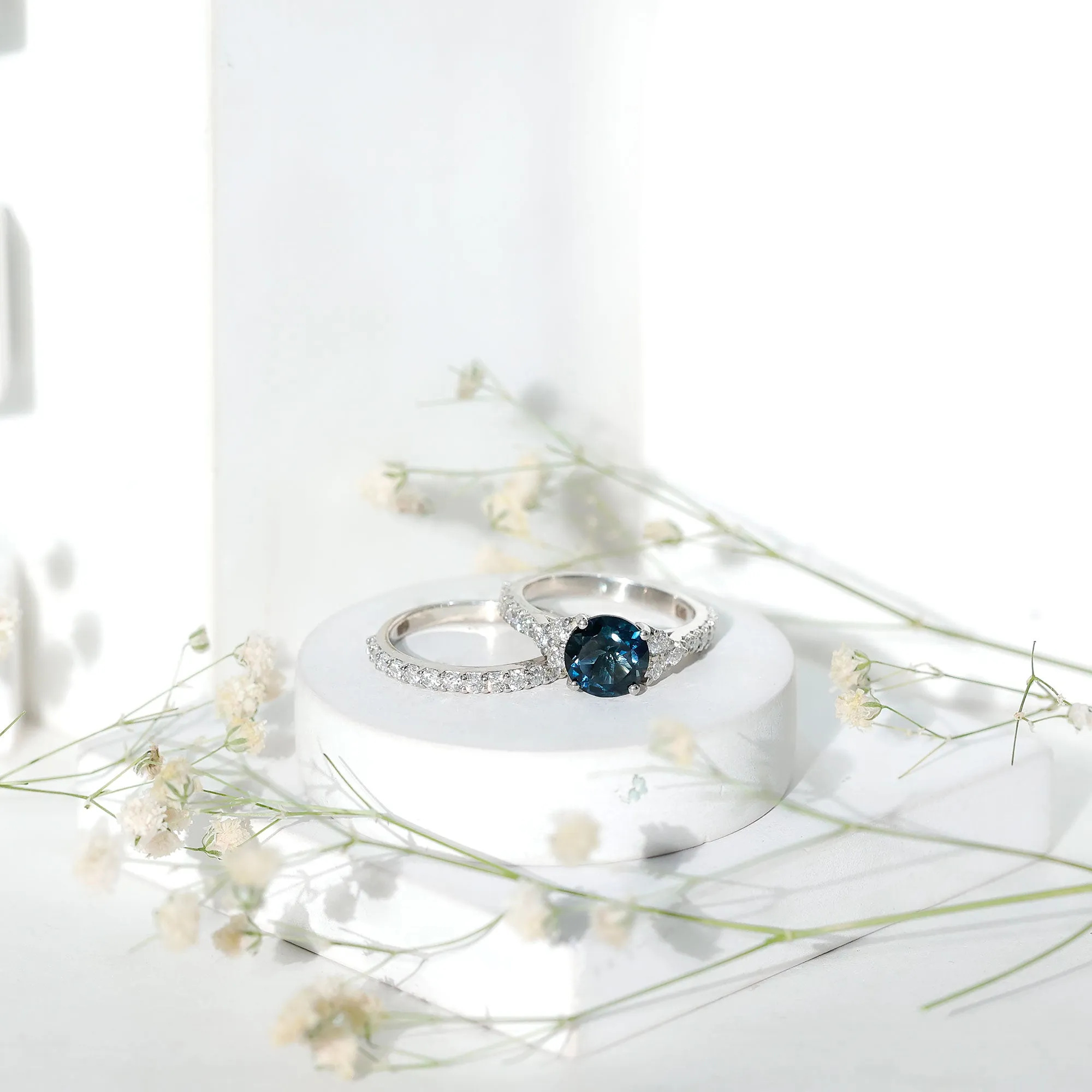 Engagement Ring Set with London Blue Topaz and Moissanite