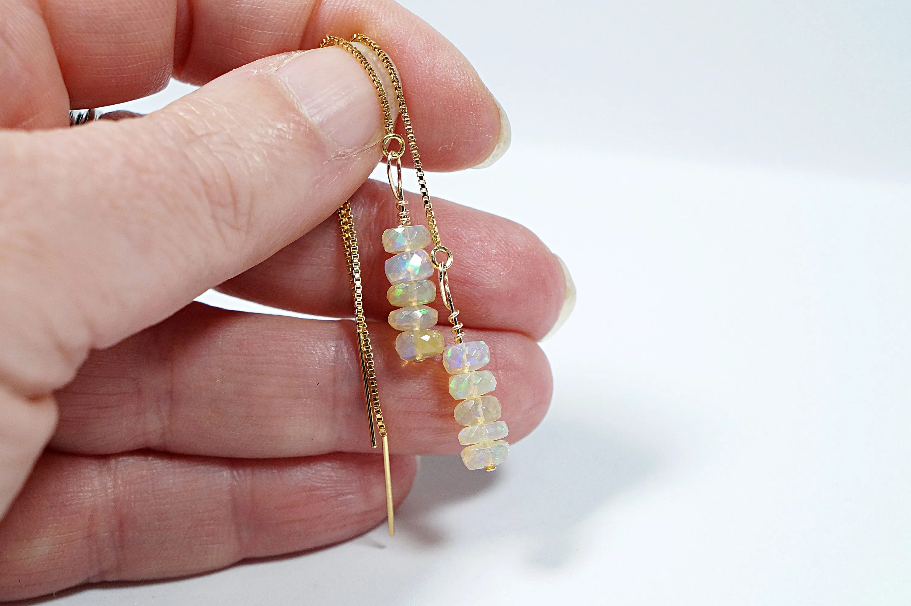 Ethiopian opal pull through earrings. Gemstone dangle earrings. Long threader earrings. Chain thread through gold filled earrings