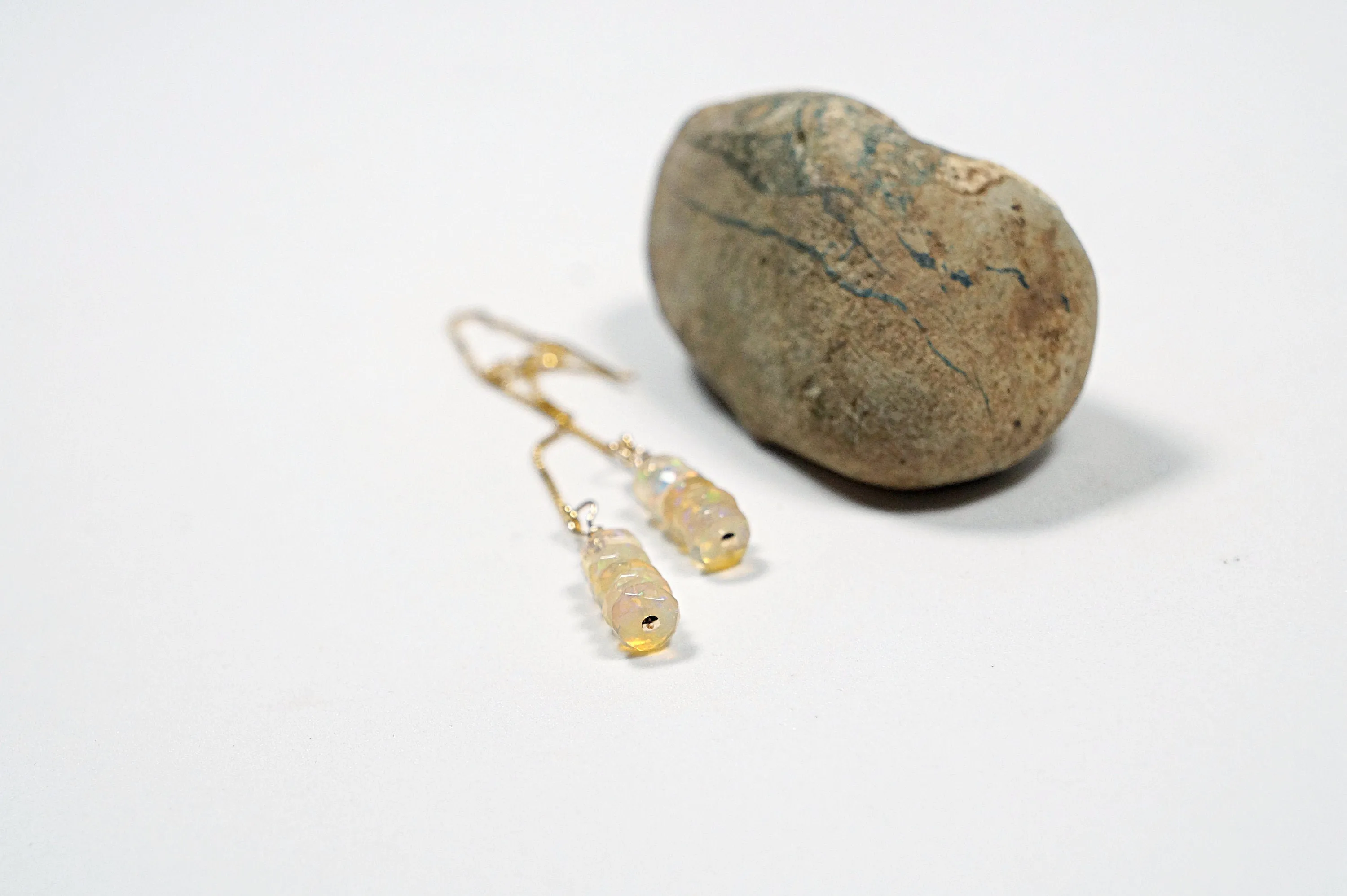Ethiopian opal pull through earrings. Gemstone dangle earrings. Long threader earrings. Chain thread through gold filled earrings
