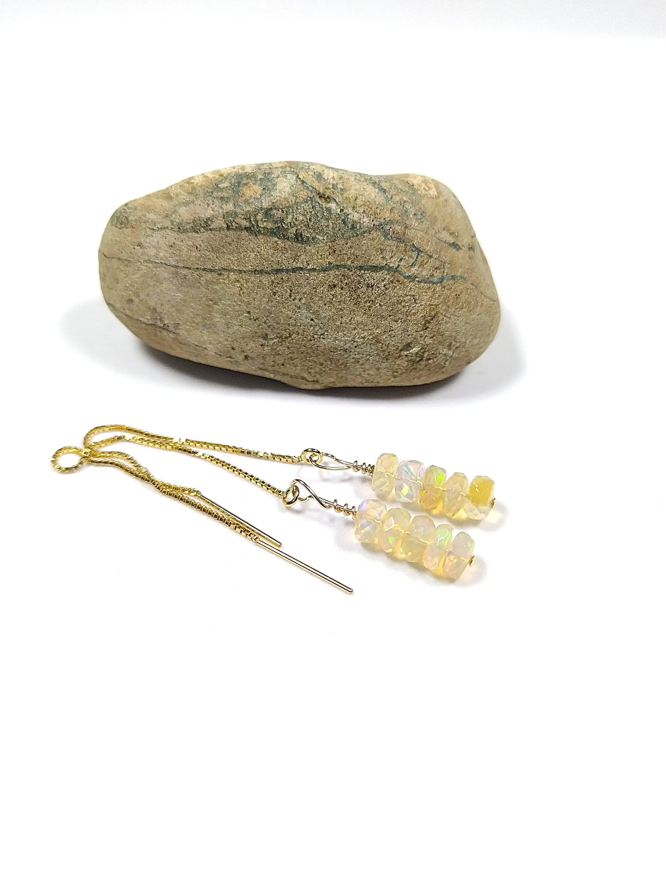Ethiopian opal pull through earrings. Gemstone dangle earrings. Long threader earrings. Chain thread through gold filled earrings