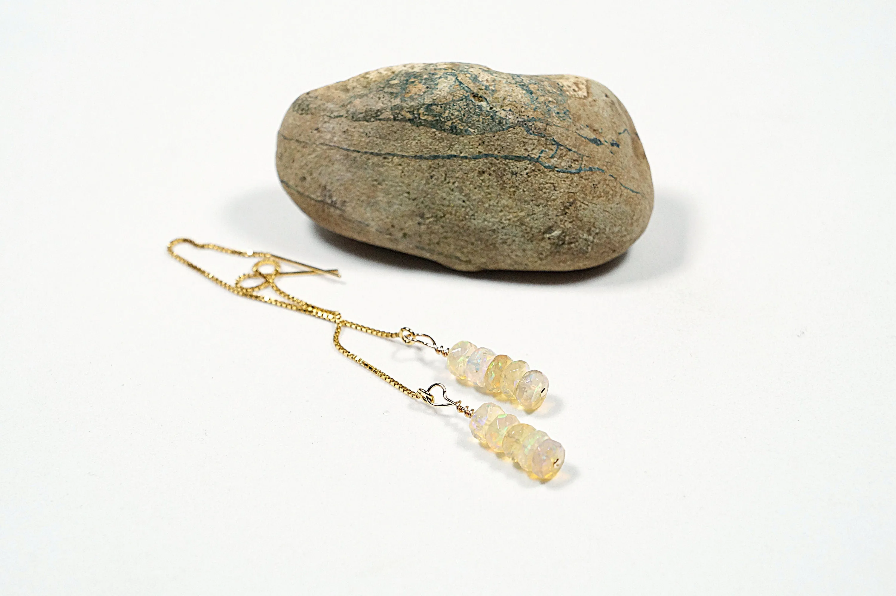 Ethiopian opal pull through earrings. Gemstone dangle earrings. Long threader earrings. Chain thread through gold filled earrings