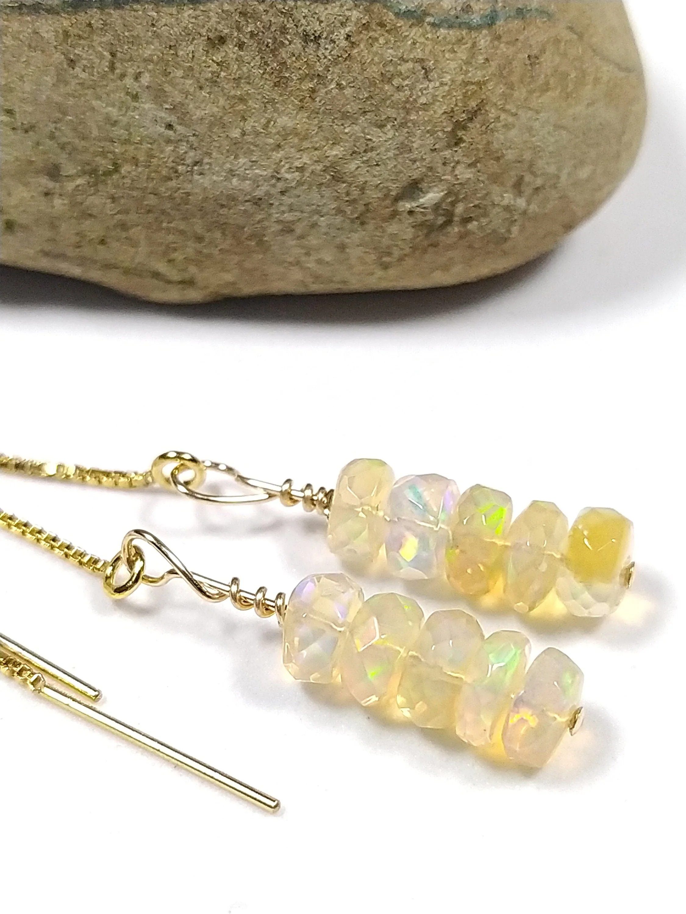 Ethiopian opal pull through earrings. Gemstone dangle earrings. Long threader earrings. Chain thread through gold filled earrings