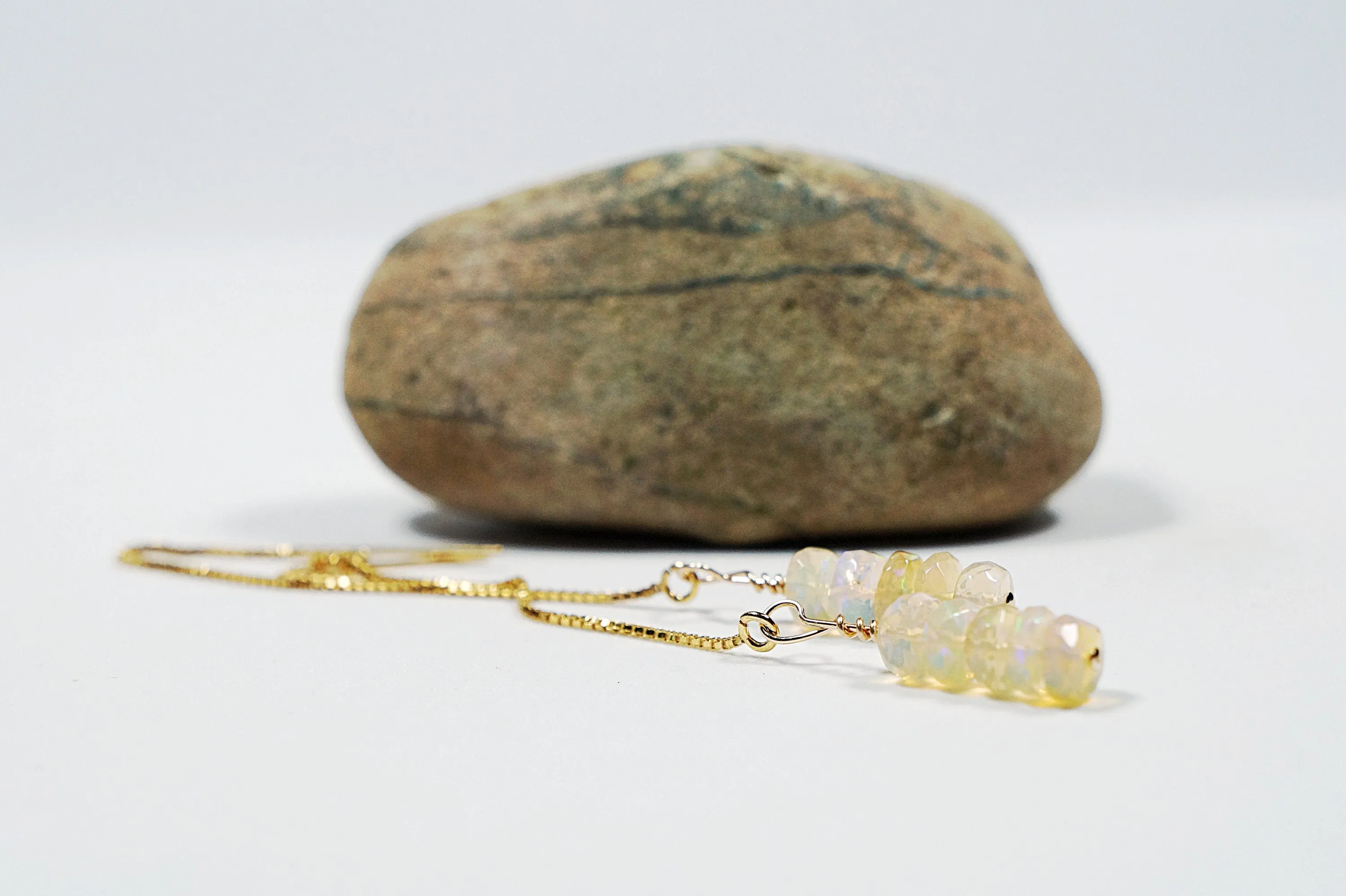 Ethiopian opal pull through earrings. Gemstone dangle earrings. Long threader earrings. Chain thread through gold filled earrings