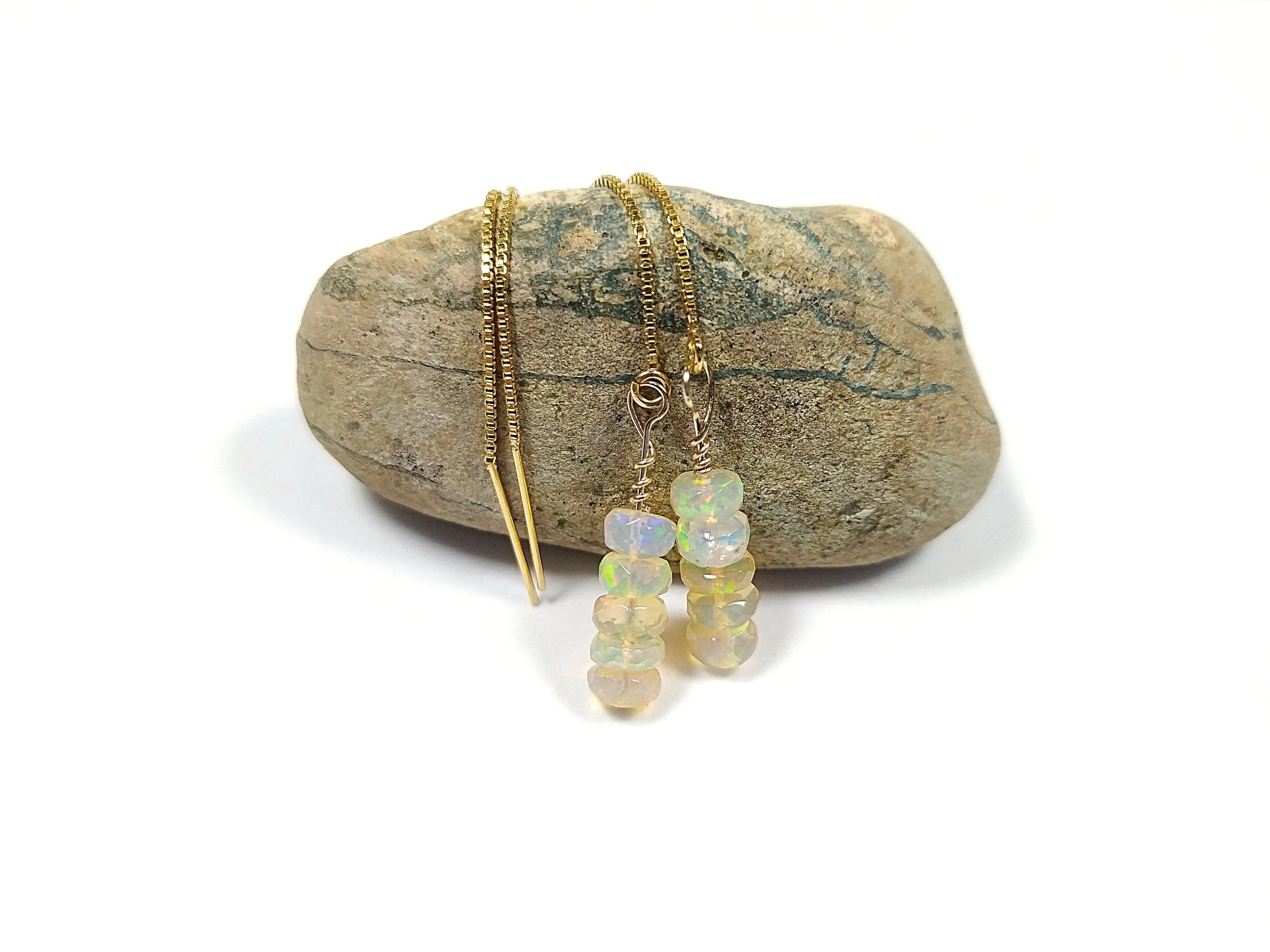 Ethiopian opal pull through earrings. Gemstone dangle earrings. Long threader earrings. Chain thread through gold filled earrings