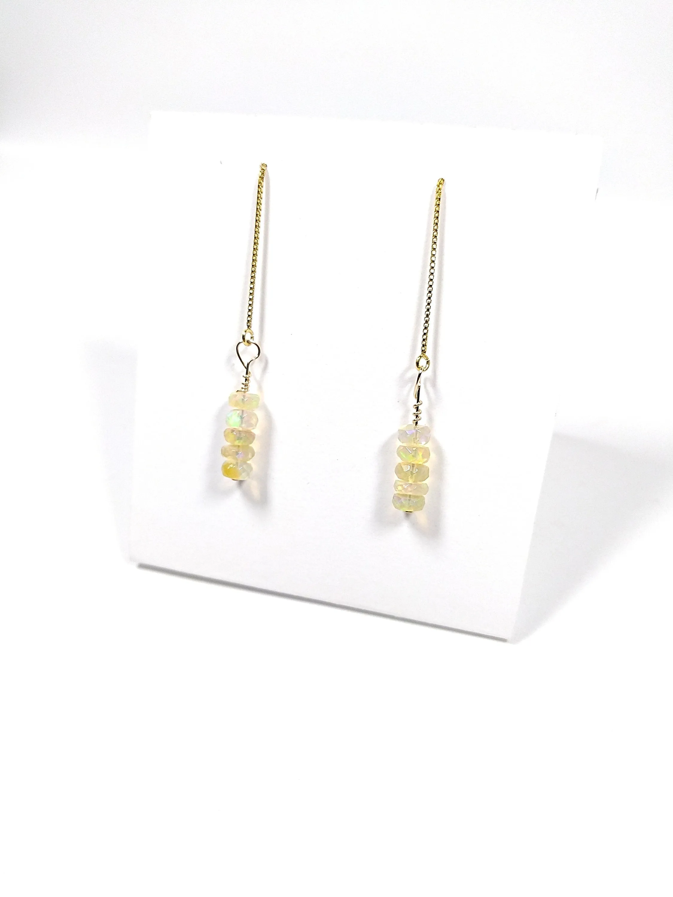 Ethiopian opal pull through earrings. Gemstone dangle earrings. Long threader earrings. Chain thread through gold filled earrings