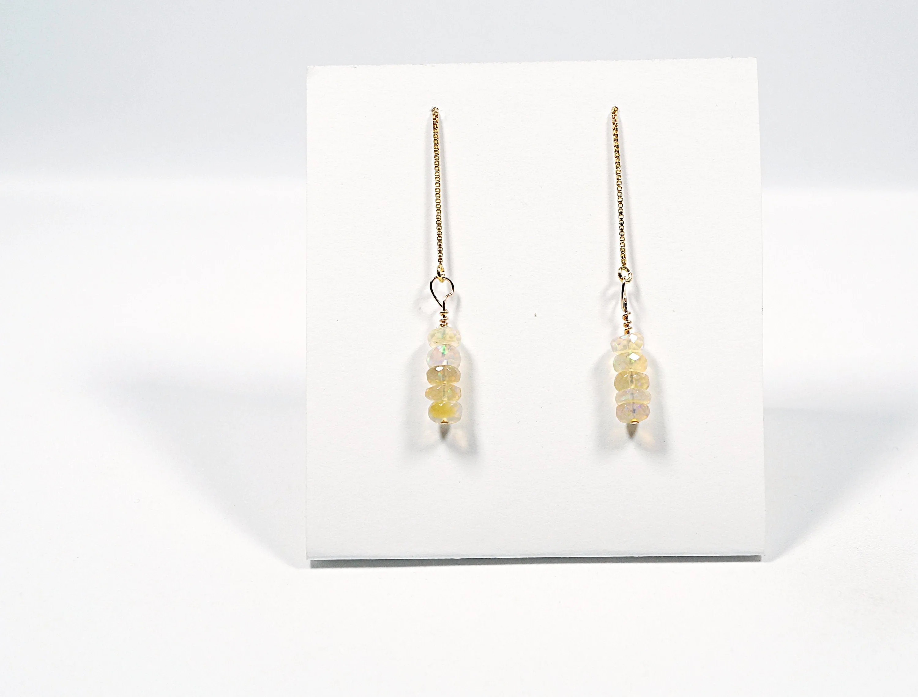 Ethiopian opal pull through earrings. Gemstone dangle earrings. Long threader earrings. Chain thread through gold filled earrings