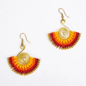 Fan Red Orange Waxed String Spiral Brass Earrings