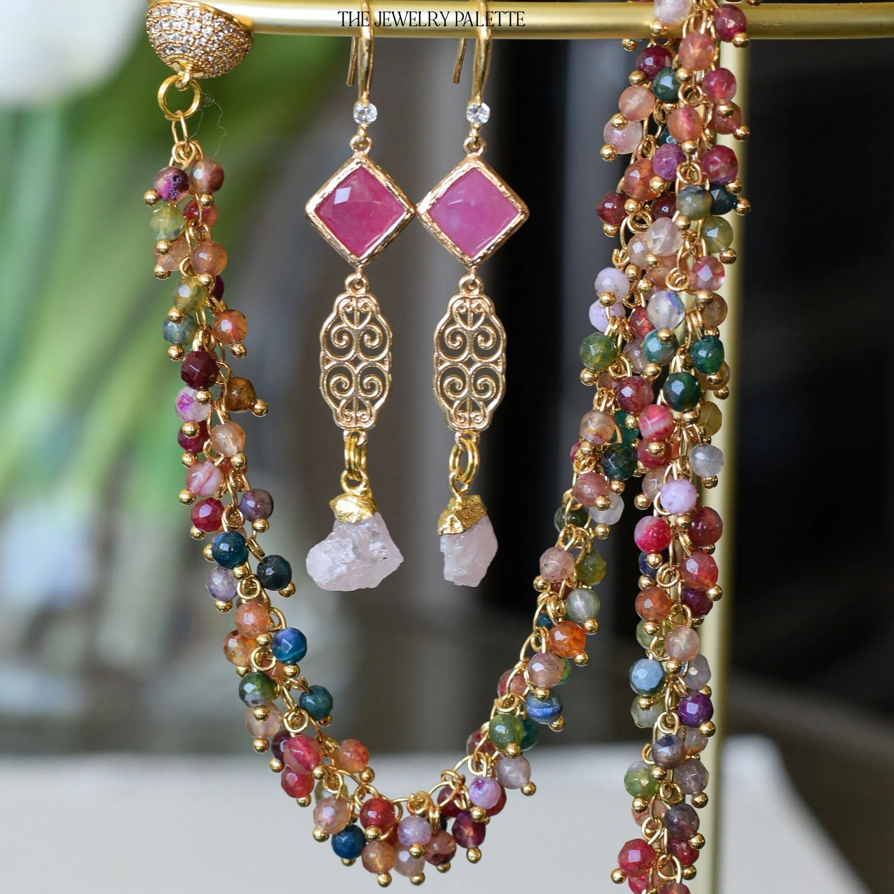 Farah tourmaline, filigree and bright pink crystal earrings