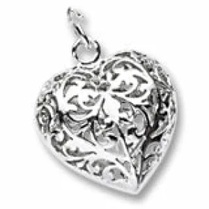 Filigree Heart Charm In 14K White Gold