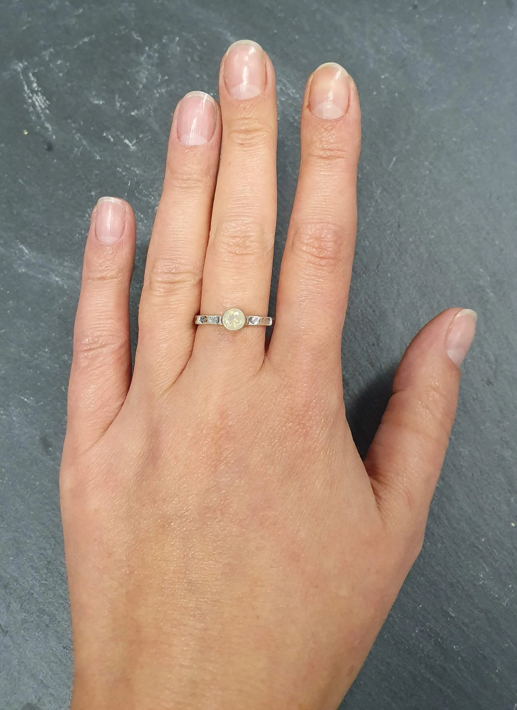 Fire Opal Ring - Yellow Round Ring - Hammered Silver Band