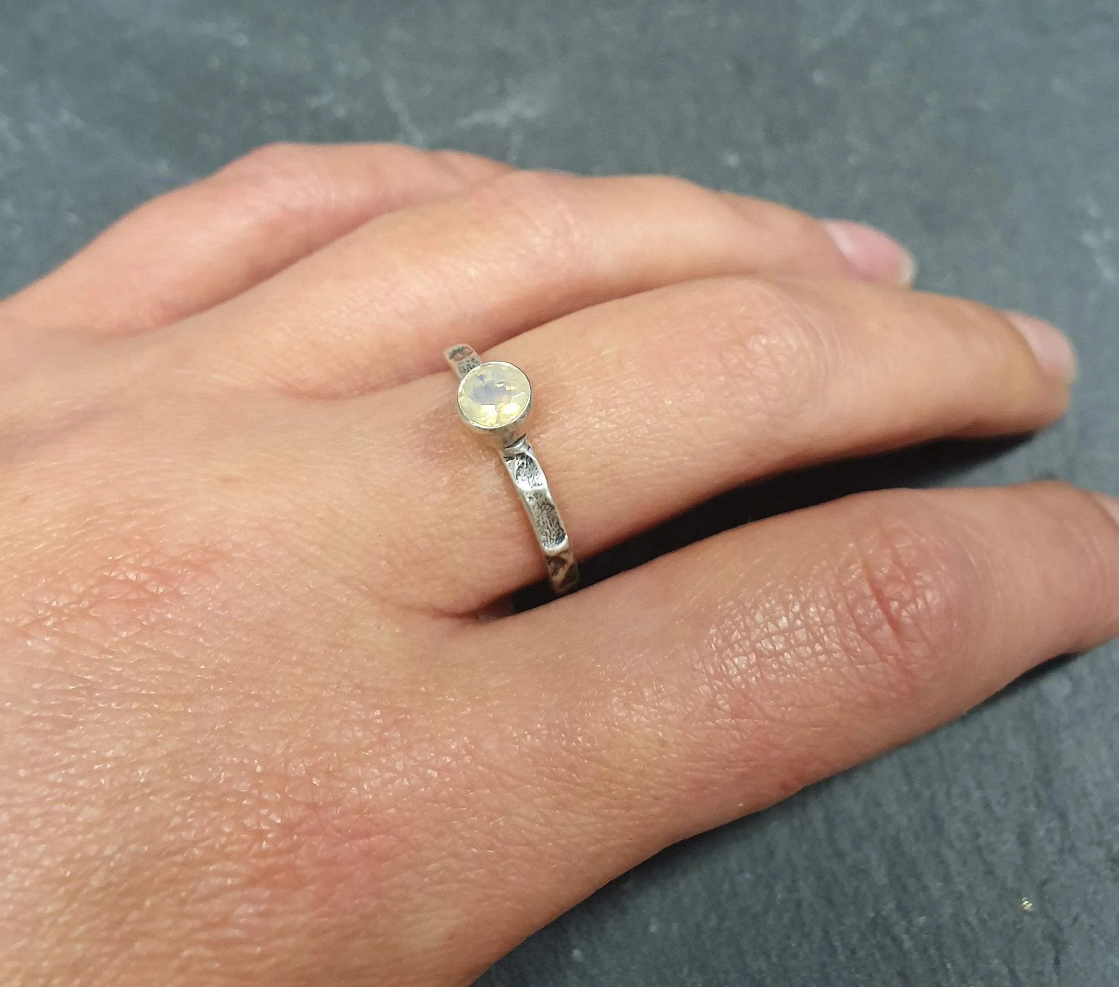 Fire Opal Ring - Yellow Round Ring - Hammered Silver Band