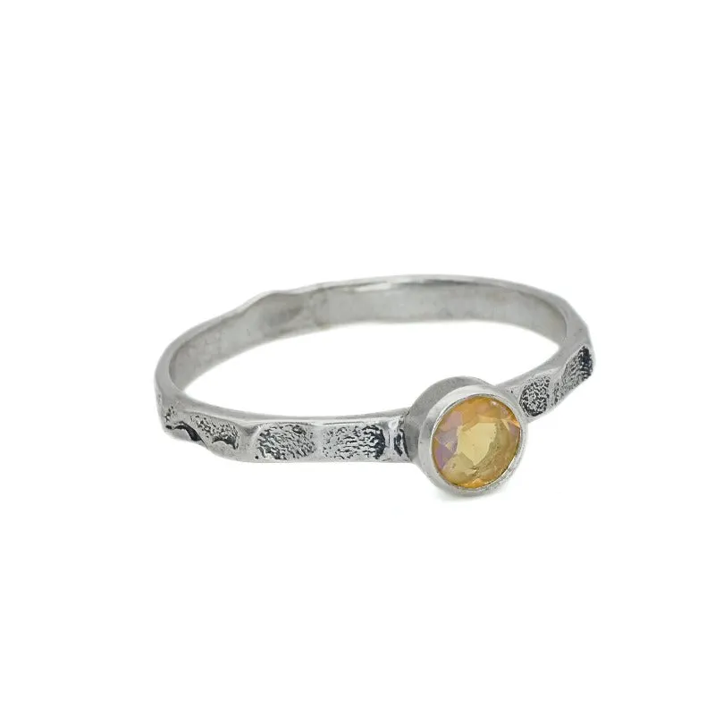 Fire Opal Ring - Yellow Round Ring - Hammered Silver Band