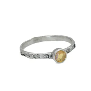 Fire Opal Ring - Yellow Round Ring - Hammered Silver Band