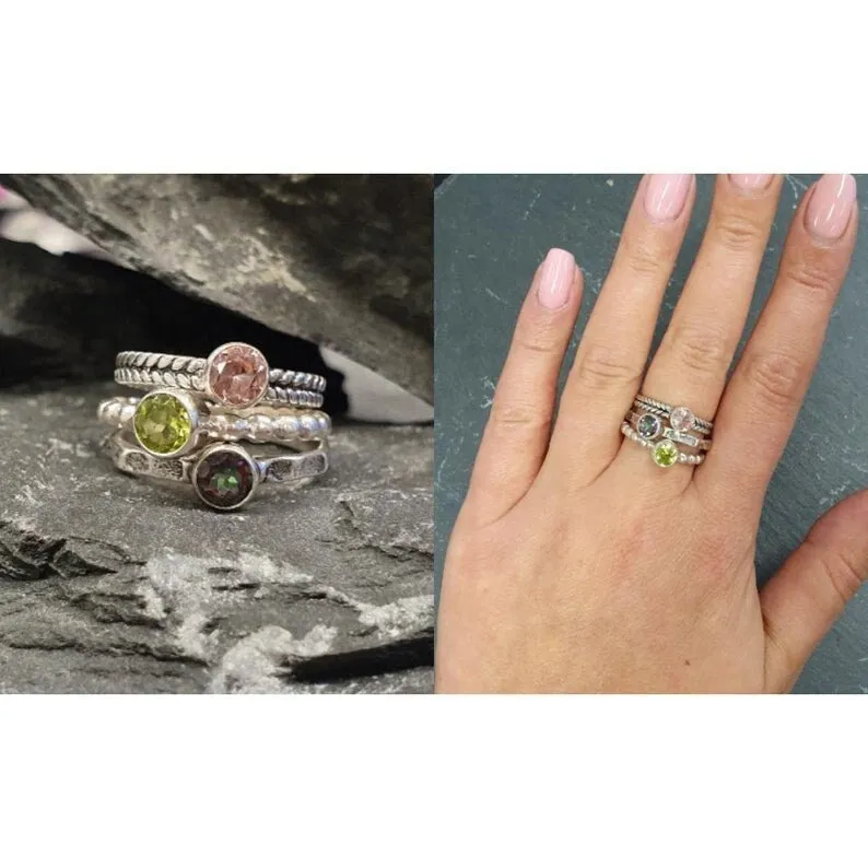 Fire Opal Ring - Yellow Round Ring - Hammered Silver Band