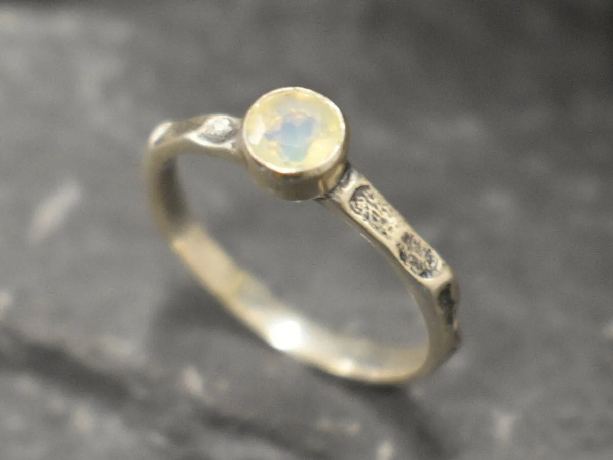 Fire Opal Ring - Yellow Round Ring - Hammered Silver Band