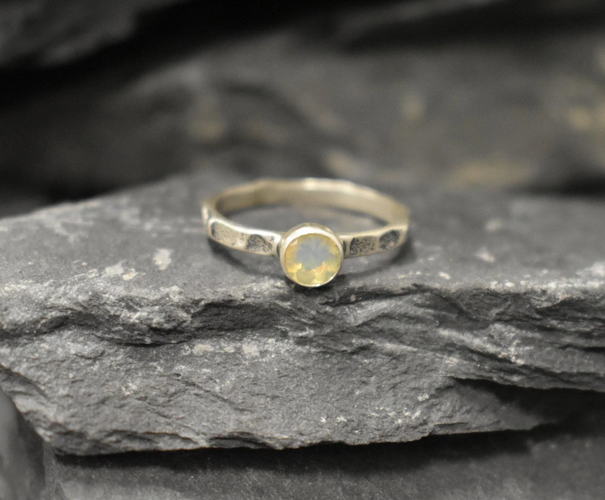 Fire Opal Ring - Yellow Round Ring - Hammered Silver Band