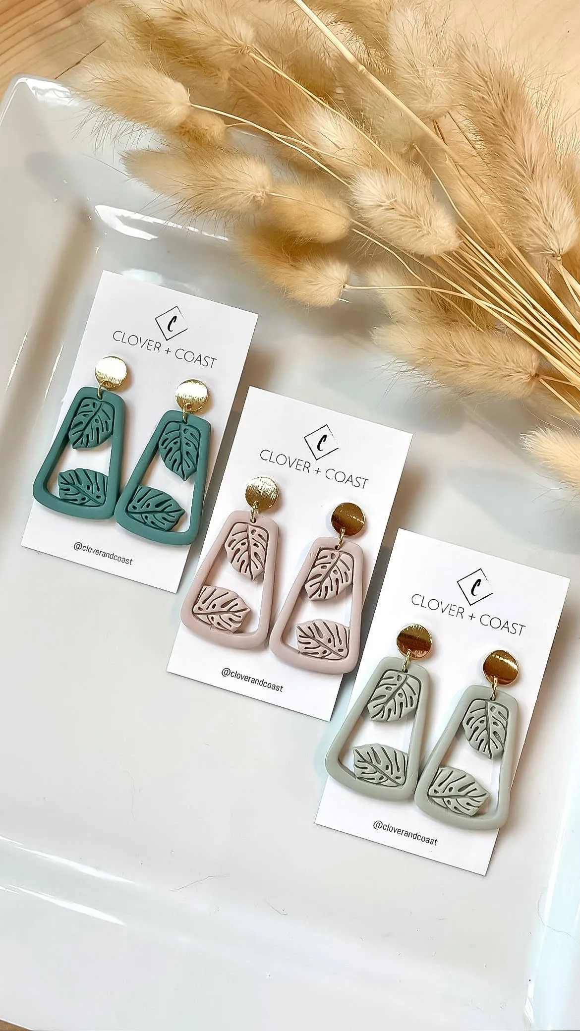 Framed Monstera Polymer Clay Dangle Earrings