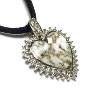 Gold Quartz Necklace 1.54ctw Diamond Halo Heart Inlaid Pendant