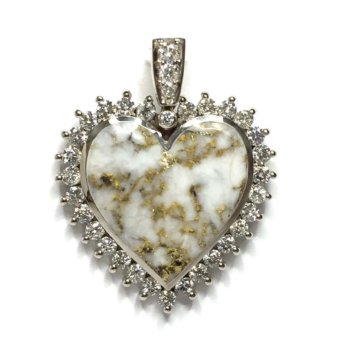 Gold Quartz Necklace 1.54ctw Diamond Halo Heart Inlaid Pendant