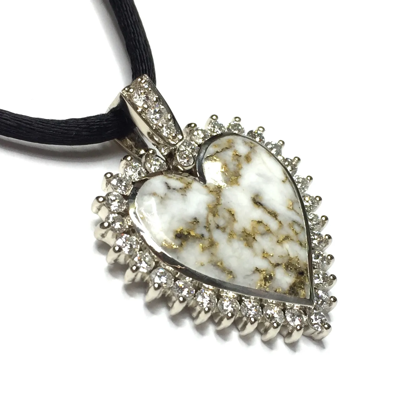 Gold Quartz Necklace 1.54ctw Diamond Halo Heart Inlaid Pendant
