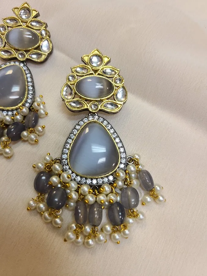 Grey MoonStone and Kundan Dangler earrings