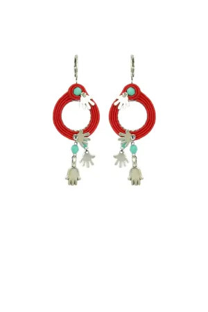 Hamsa Red String Hoop Earrings, Silver Hands