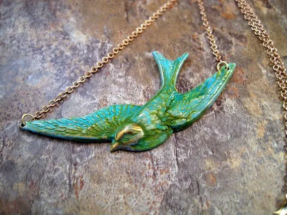 Handmade Verdigris Sparrow Necklace