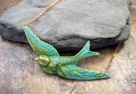 Handmade Verdigris Sparrow Necklace