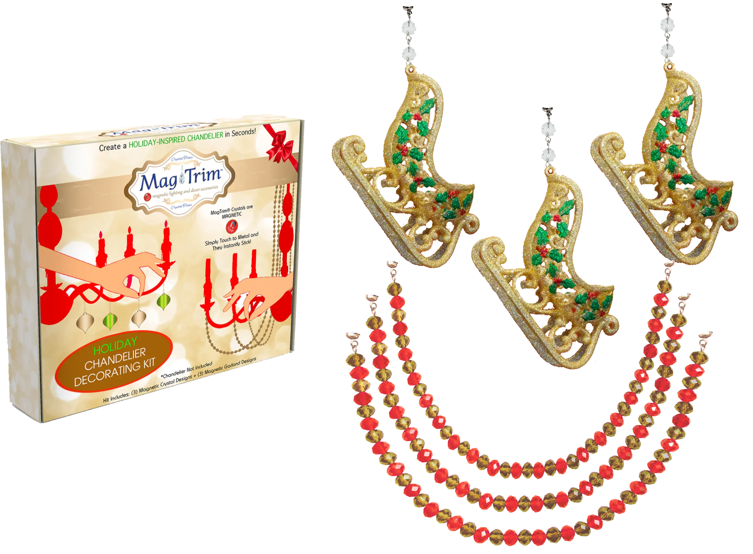 HOLIDAY CHANDELIER MAKEOVER KIT - (3) Gold Glitter Sleigh   (3) 12" Red/Gold Garland