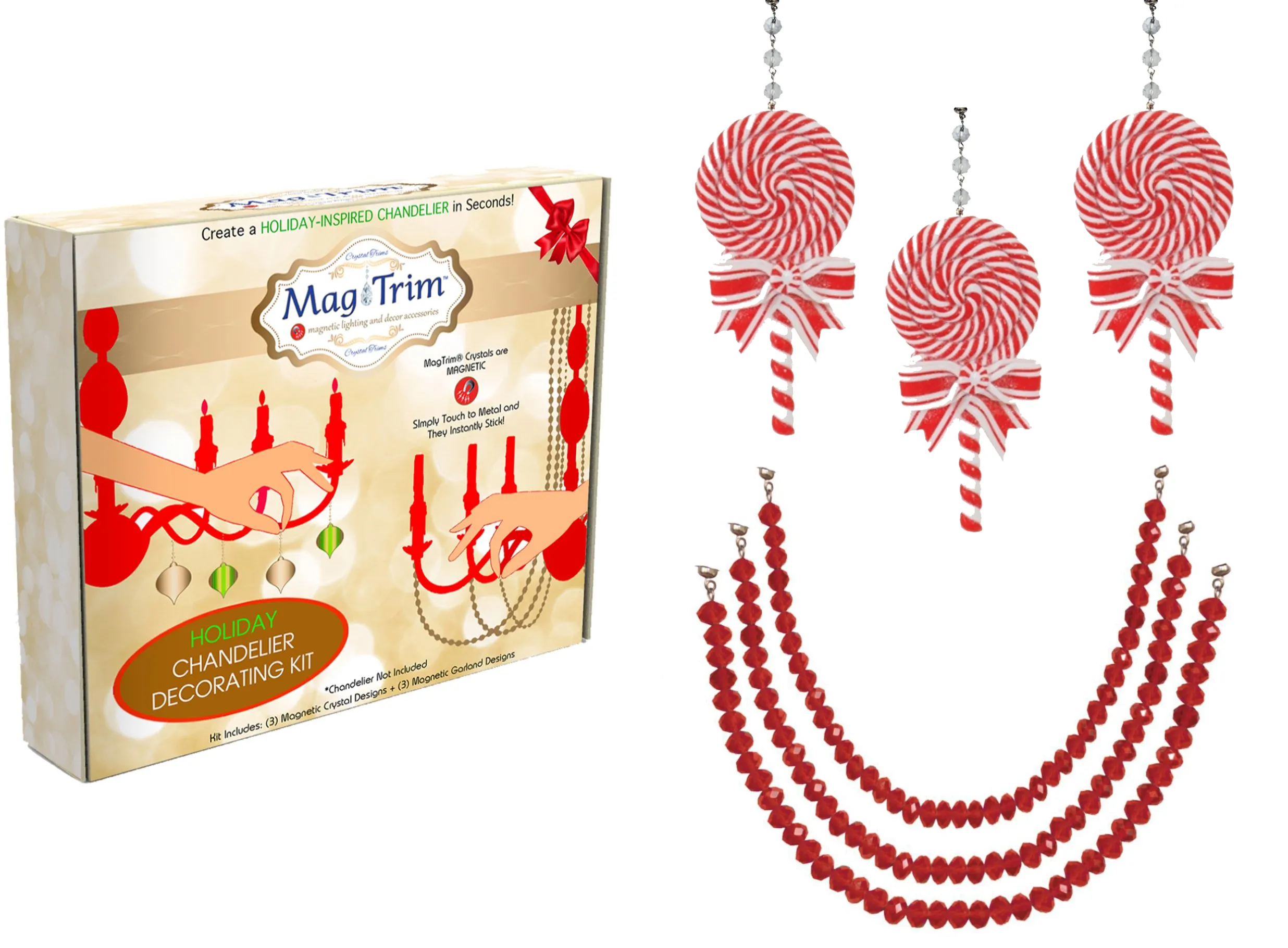 HOLIDAY CHANDELIER MAKEOVER KIT - (3) Peppermint Lolly Pop   (3) 12" Red Crystal Garland