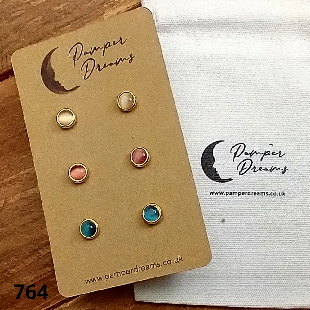 Hypoallergenic Stainless Steel CZ & Opalite Earring Set 3 Pairs Gold Colour 764