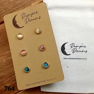 Hypoallergenic Stainless Steel CZ & Opalite Earring Set 3 Pairs Gold Colour 764