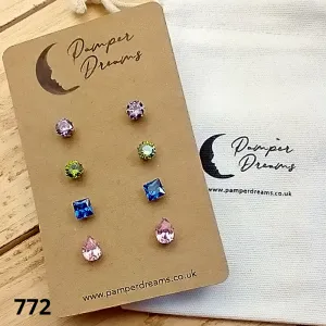 Hypoallergenic Stainless Steel CZ & Opalite Earring Set 4 Pairs Gold Colour -  772