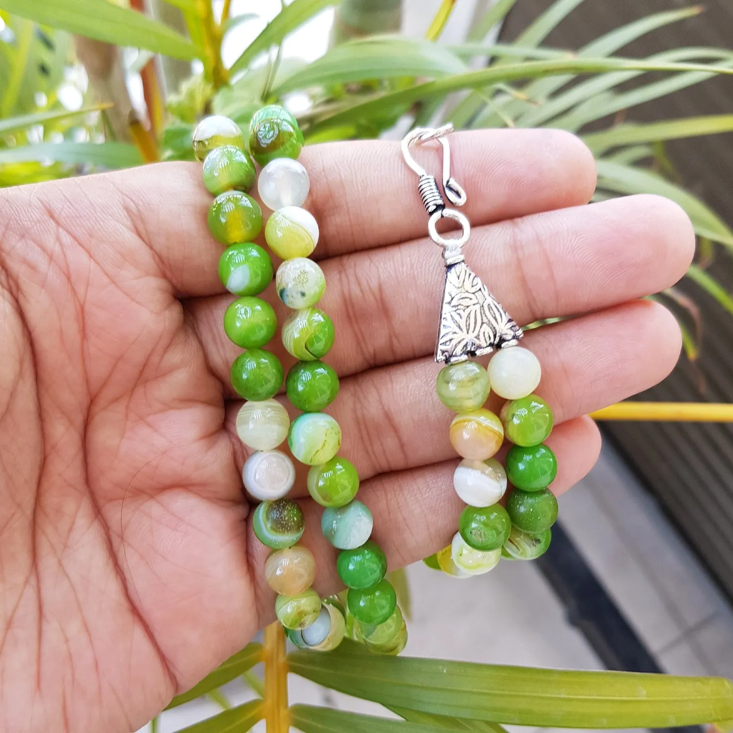 Imeora Parrot Green Agate 8mm Double Line Necklace With 8mm Earrings