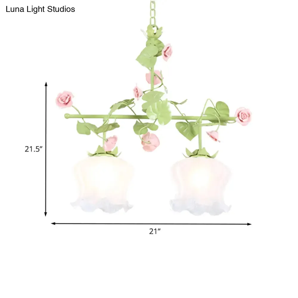 Korean Garden Hanging Light Fixture with White Glass and Floral Design
