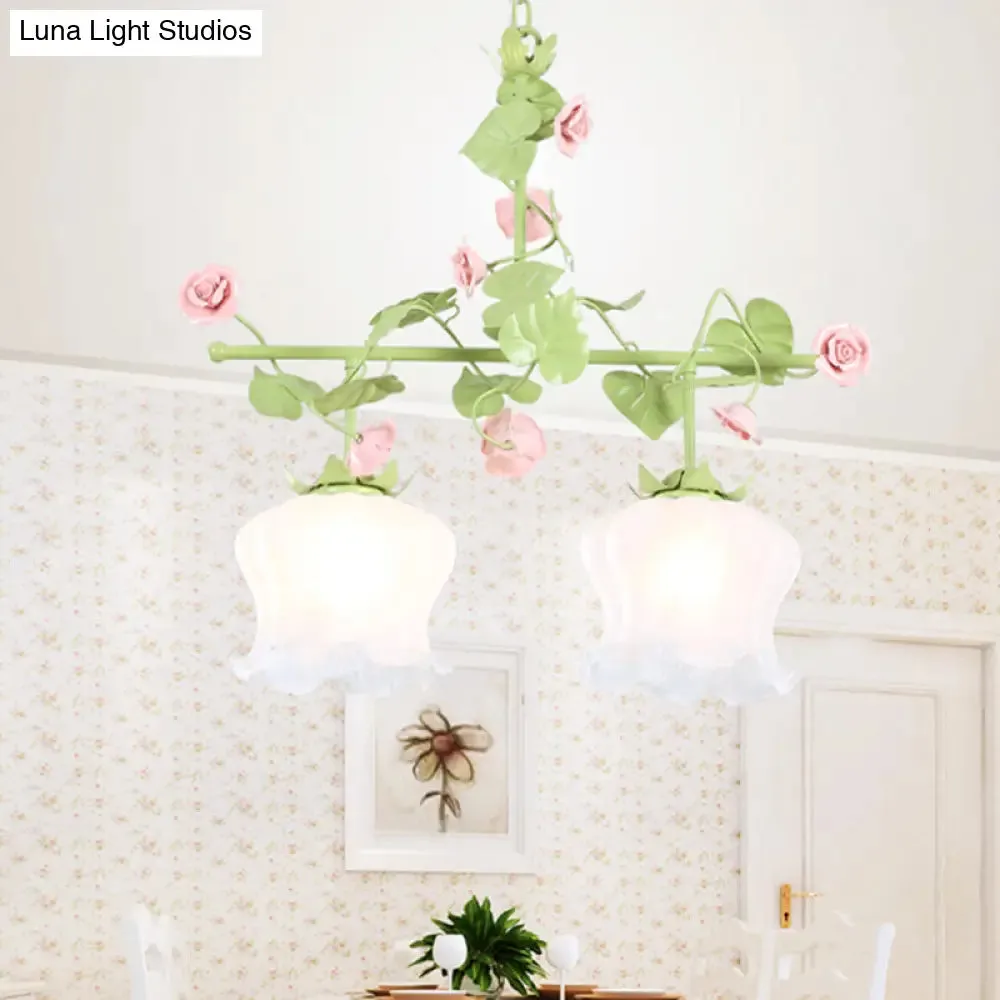 Korean Garden Hanging Light Fixture with White Glass and Floral Design