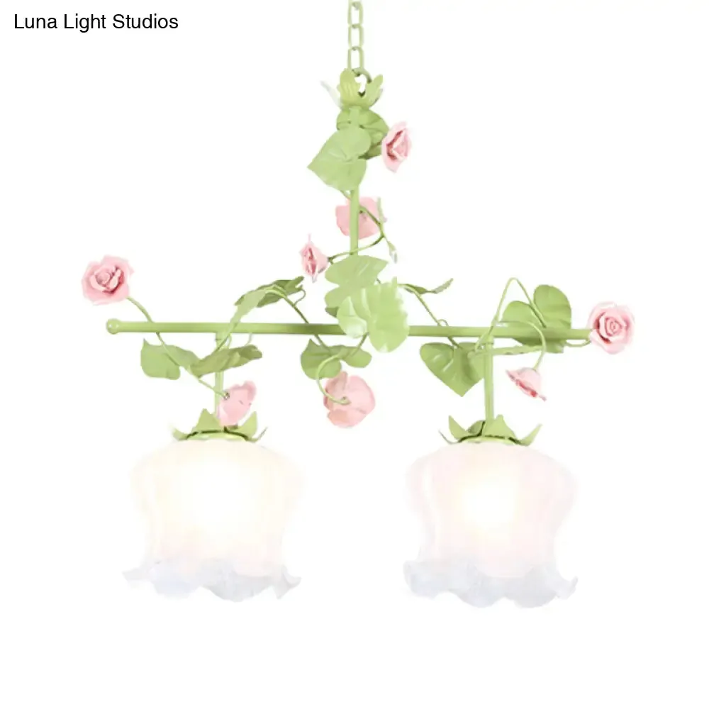 Korean Garden Hanging Light Fixture with White Glass and Floral Design