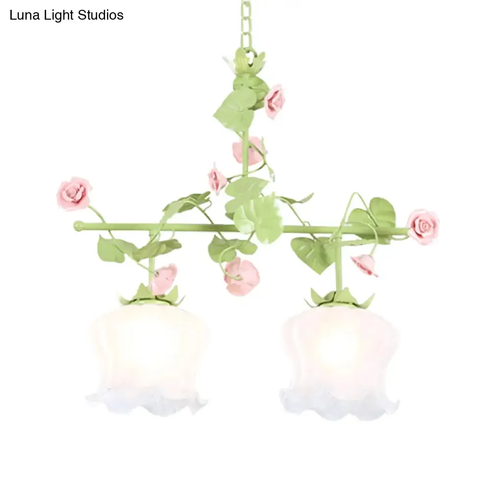 Korean Garden Hanging Light Fixture with White Glass and Floral Design