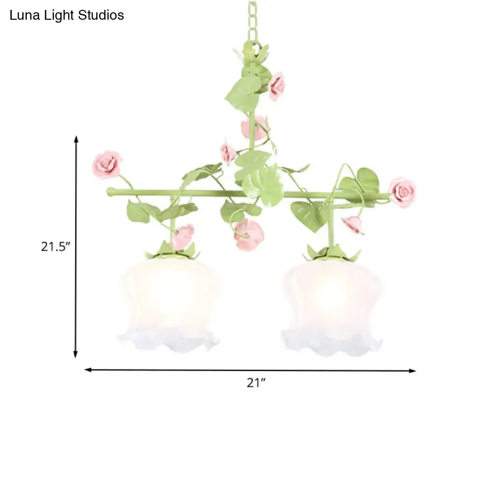 Korean Garden Hanging Light Fixture with White Glass and Floral Design