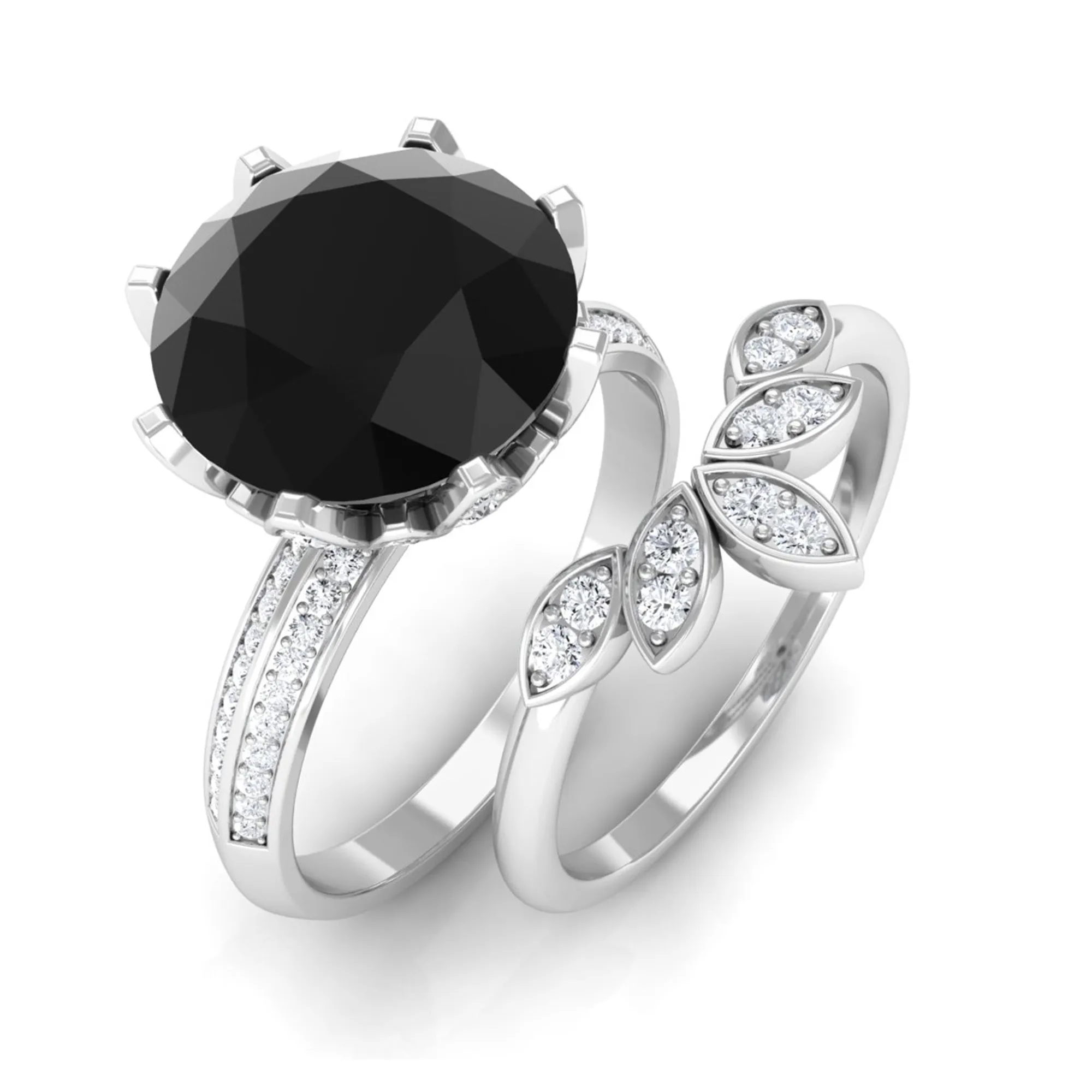 Lab Grown Black Diamond Flower Wedding Ring Set with Moissanite